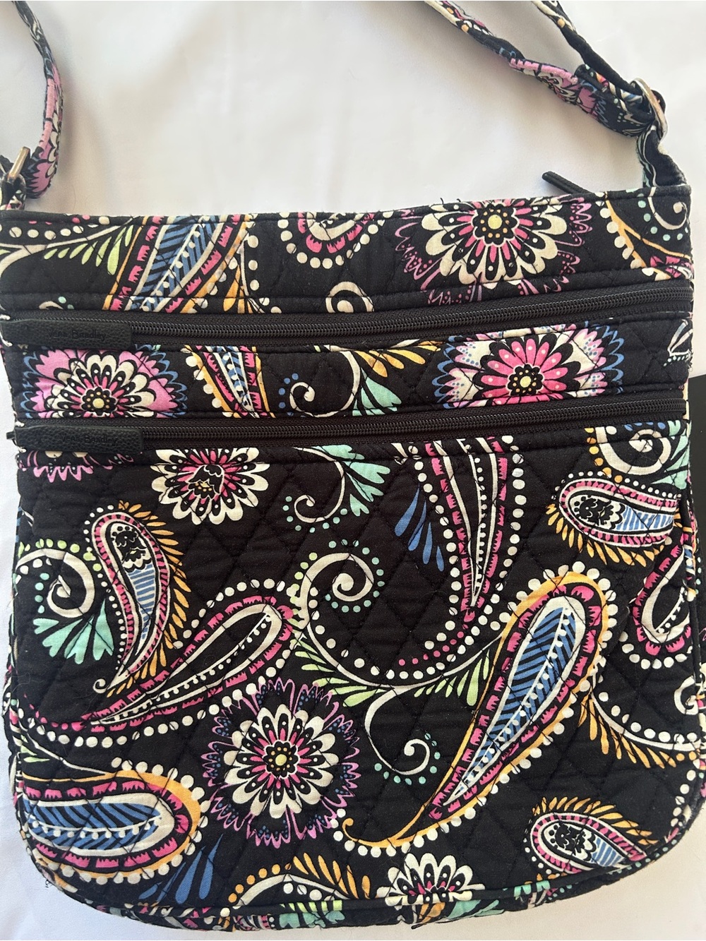 Vera Bradley Black Paisley Multicolor Crossbody Bag Tablet Triple Zip